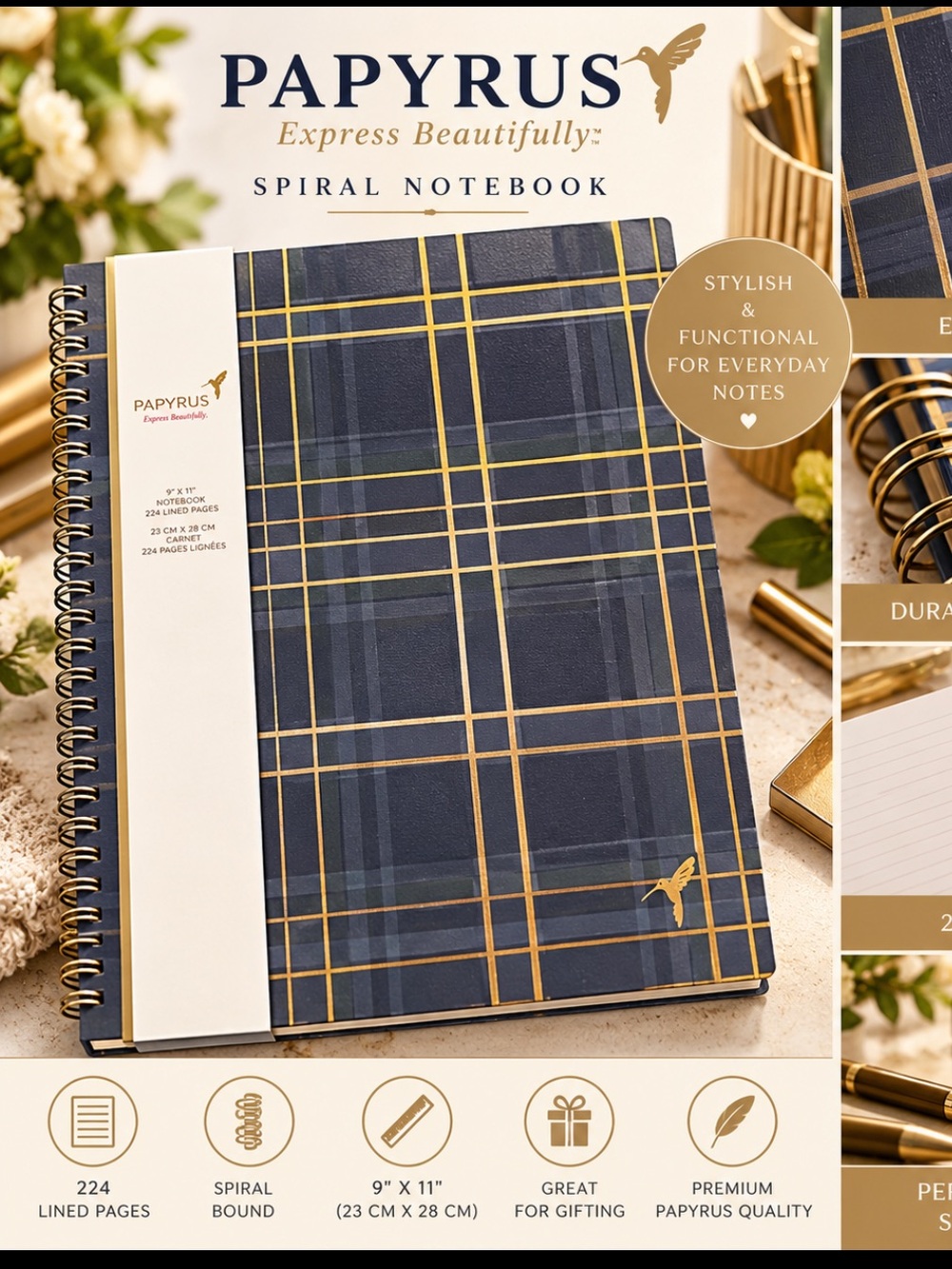Papyrus plaid Striped Spiral Notebook with Gold Foil Accent